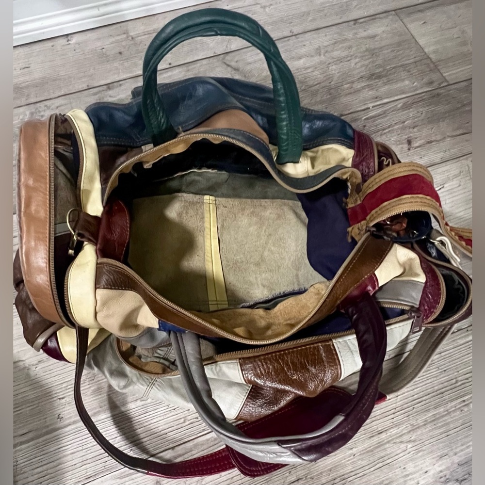 Vintage 60 70’s Patchwork 100% Genuine Leather Duffel Travel Bag Vacation Retro - Picture 14 of 16